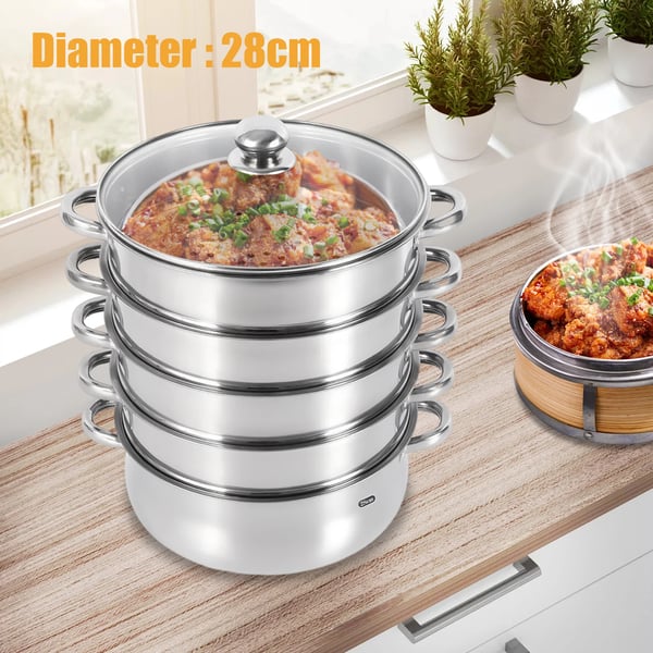 Rustfrit stål damper, 5-lags, alsidig madlavning, pladsbesparende design, sølv