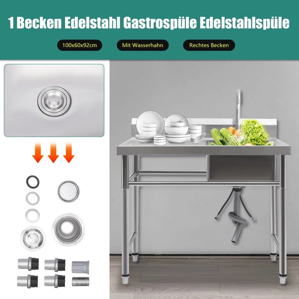 Rustfrit Stål Vask, Enkelt Skål, Fritstående Design,Sølv