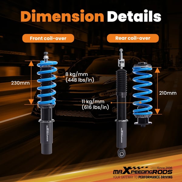 Coilover affjedringskit, 55CrSi stål fjedre, højdejustering 1"-3", 24 klik rebound justering, høj viskositets dæmpningsolie