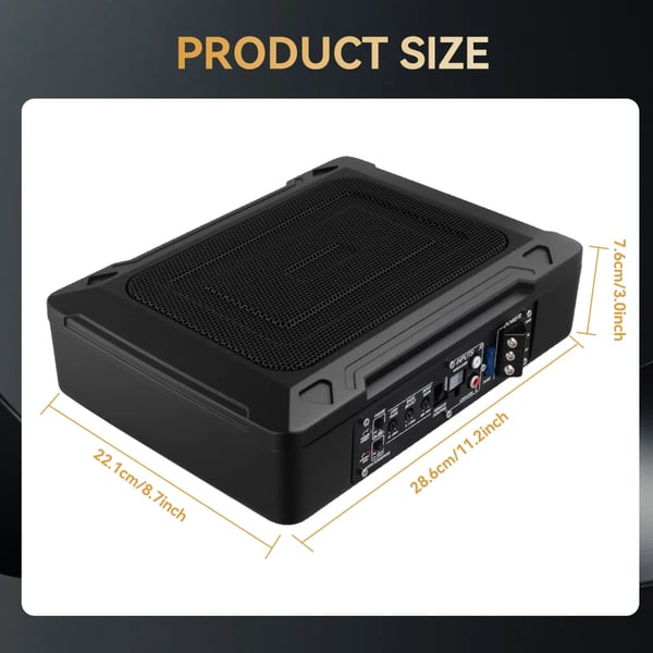 Aktiv Subwoofer, 1000W Udgangeffekt, 200W RMS Effekt, 12V Spænding, 34,5 cm x 26 cm x 8 cm Dimensioner, 2,6Ω Impedans