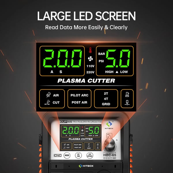 Plasmaskærer, LCD digital skærm, justerbar lufttid, skær 1-25mm rustfrit stål, kulstofstål og aluminium,HBC65, EU stik