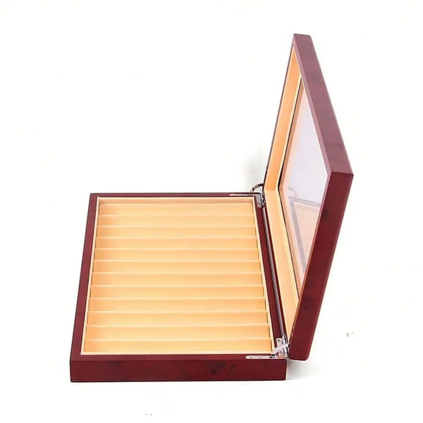 Fountain Pen Display Case, Massivt Træ, Glaslåg, 12-Skuffer, Mørkerød, Bordmontering