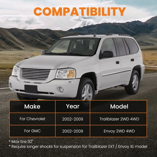 Lift Kit, Stål, 3,5 tommer Frontløft, 2,5 tommer Bagløft, Passer til GMC Envoy og Chevy Trailblazer, 32 tommer Maksimal Dækdiameter