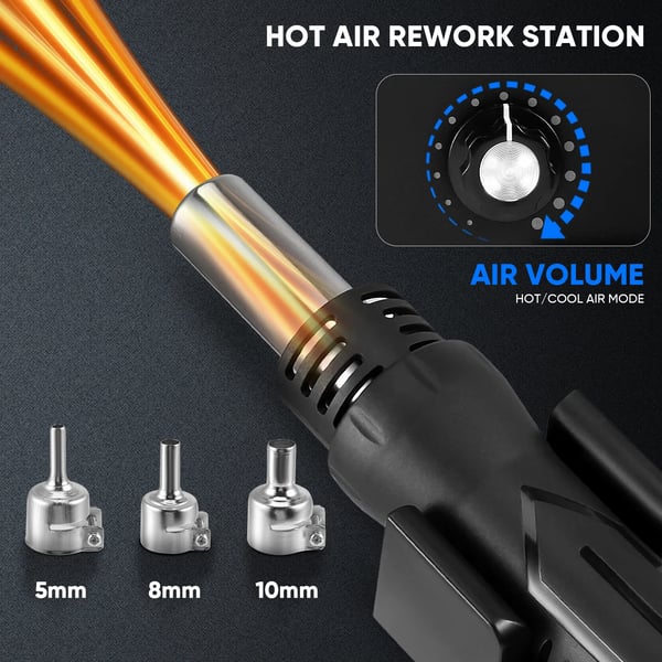 Varmluftsreparationsstation, Justerbar Temperatur, 3 Varmluftsdysser,sort