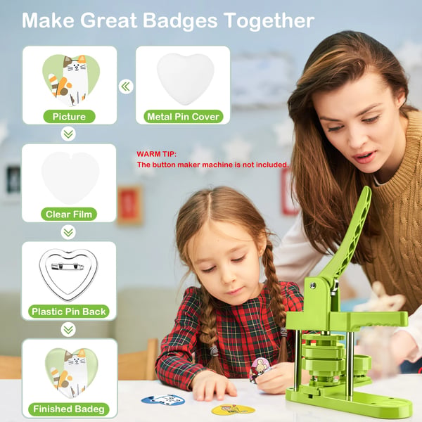 Blank hjerteformet badge lavet dele, 100 sæt, kompatibel med badge presse maskiner, lys grå