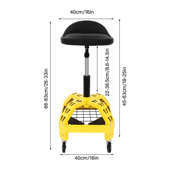 Rullende mekanikerstol, jernramme, justerbar højde, 16-tommer sæde diameter, 286,6 lbs vægtkapacitet, 360° drejelige hjul