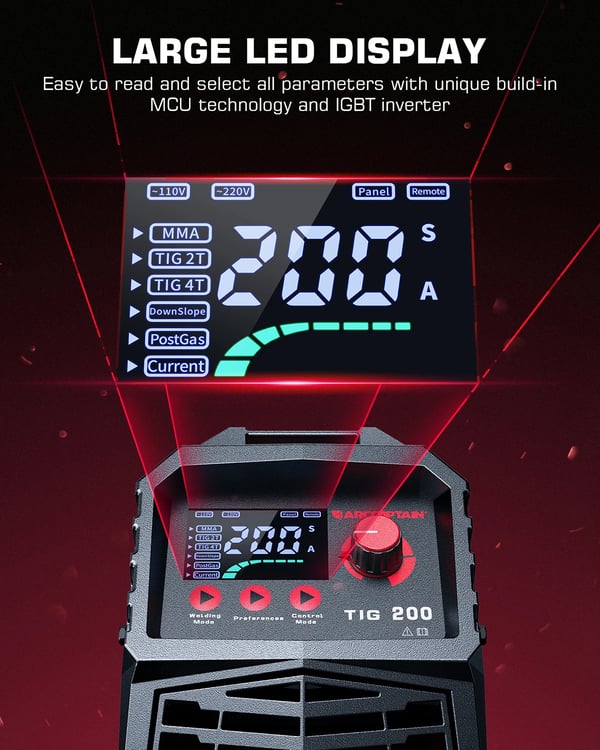 TIG svejsemaskine, 200A DC inverter, digital kontrol, højfrekvent lysbue start, justerbar nedstigning, postgas kontrol
