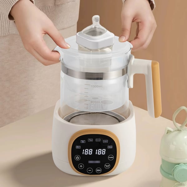 Flaskevarmer, 1,3 L kapacitet, 600 W effekt, temperaturinterval 37-95℃, total højde 24,8 cm, støjniveau 45 dB