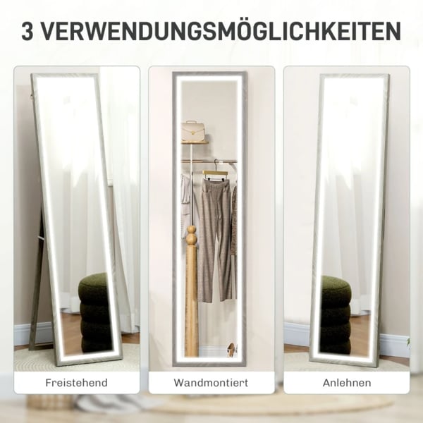 Helkropsspejl, Berøringskontrol LED Lys, Minimalistisk Moderne Design,Grå