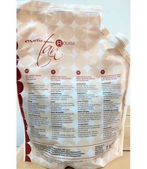 Enologisk Tannin, 1 kg Beholder, Hydrolysérbare Tanniner, 10-20 gram pr. 100 kg Most, 5-15 gram pr. 100 liter Vin, Overholdelse af EU-forordninger