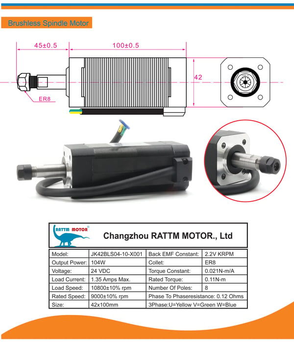 Børsteløs Spindelmotor, 104W, 10800rpm, 0.11N.m Moment, DC 24V, ER8/ER11 Kompatibilitet