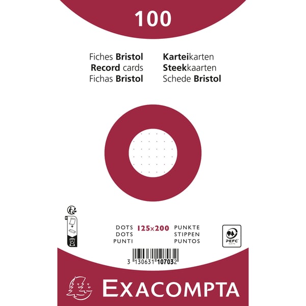 Exacompta 12x kartotekskort 125x200mm, 205gsm, Dot - hvid 10703E