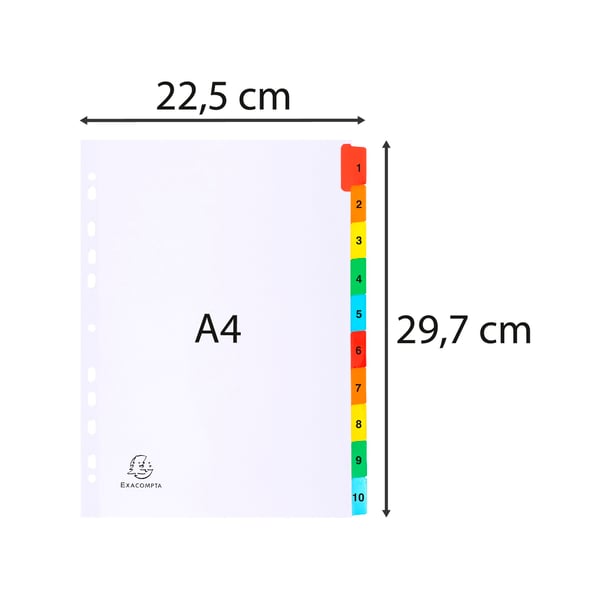 Exacompta 20x Indeks A4 10 del 1-10 farvede faner hvidt - hvid 1110E