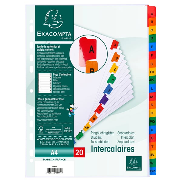 Exacompta 10x Mylar trykte indekser, A4, 20 del A til Z - hvid 1111E