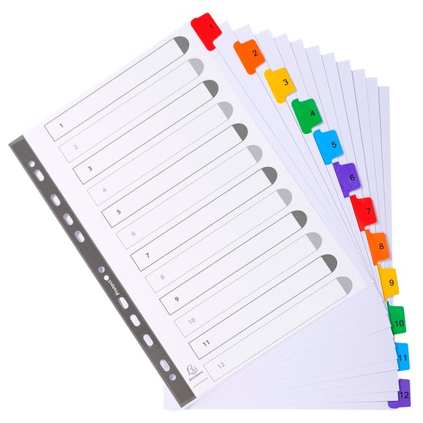Exacompta 20x Mylar trykte indekser, A4, 12 del 1 til 12 - hvid 1112E