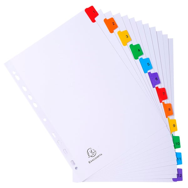 Exacompta 20x Mylar trykte indekser, A4, 12 del 1 til 12 - hvid 1112E