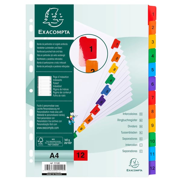 Exacompta 20x Mylar trykte indekser, A4, 12 del 1 til 12 - hvid 1112E
