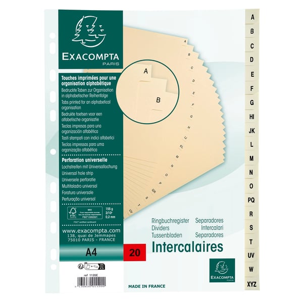 Exacompta 10x trykte indekser, A4, 155gsm, 20 dele A til Z - elfenben 1120E