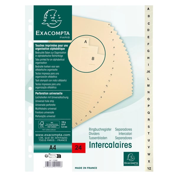 Exacompta 10x trykte indekser, A4, 115gsm, 24 dele A til Z - elfenben 1124E