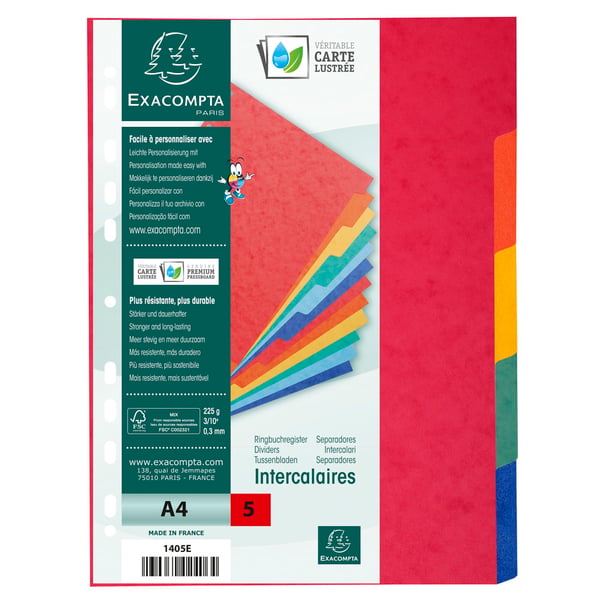 Exacompta 25x Dividers Pressboard, A4, 225gsm, 5 dele - assorterede farver 1405E