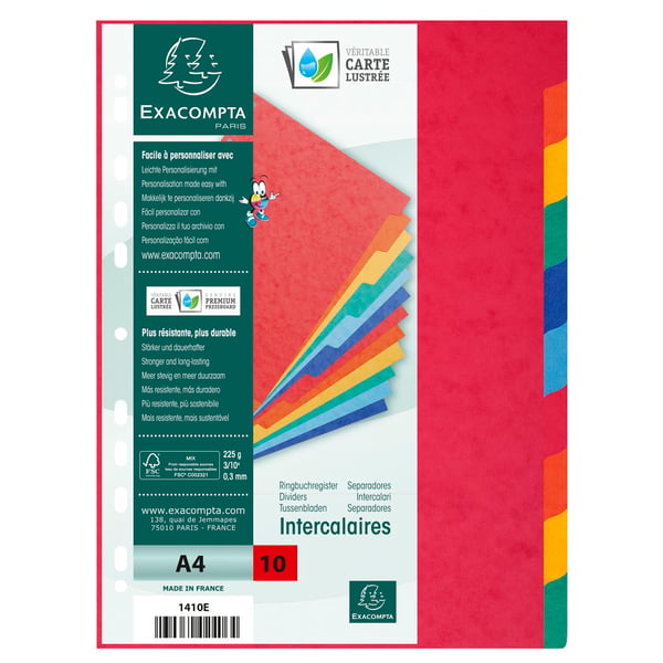 Exacompta 10x Skillevaegge, A4, 225 gsm, 10 dele - assorterede farver 1410E