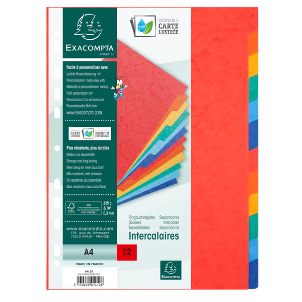 Exacompta 25x Dividers Pressboard, A4, 225gsm, 12 dele - assorterede farver 1412E