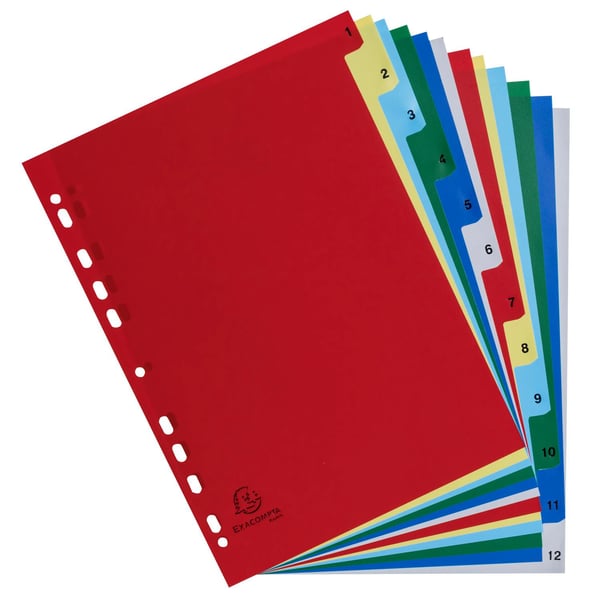 Exacompta 20x PP trykte indekser, A4, 12 del 1 til 12 - assorteret lyse 1512E