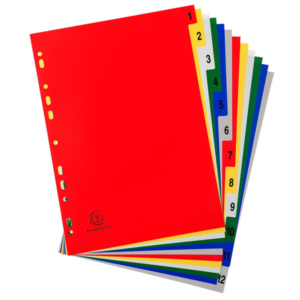 Exacompta 20x PP trykte indekser, A4, 12 del 1 til 12 - assorteret lyse 1512E