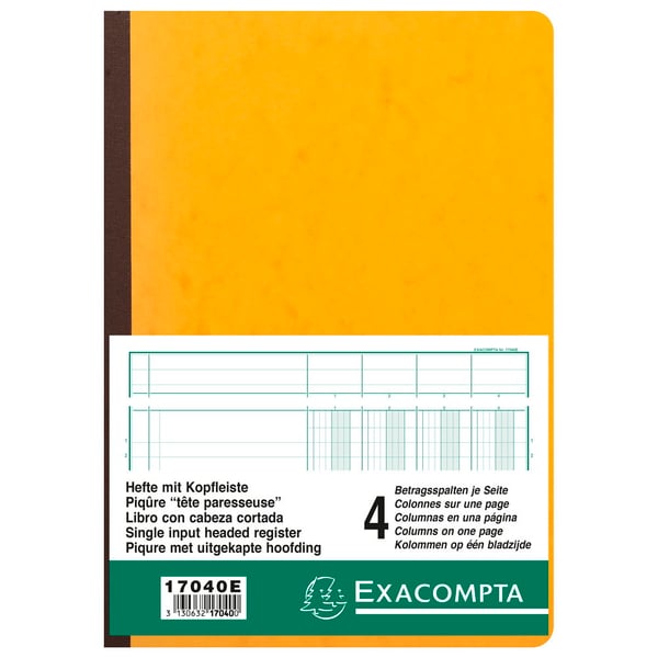 Exacompta Haefte 4 spalter på 1 side 34 linjer 80 sider 29,7x21cm - assorterede farver 17040E