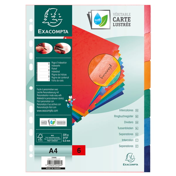 Exacompta 25x Dividers Premium Pressboard, A4, 225gsm, 6 dele - assorterede farver 2206E