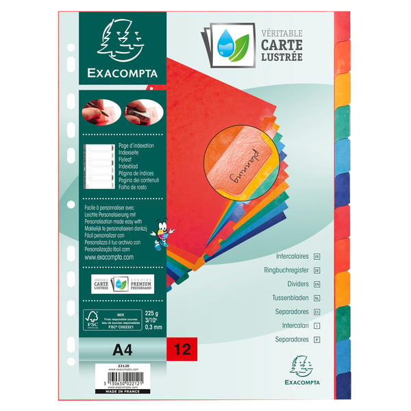 Exacompta 15x Dividers Premium Pressboard, A4, 225gsm, 12 dele - assorterede farver 2212E
