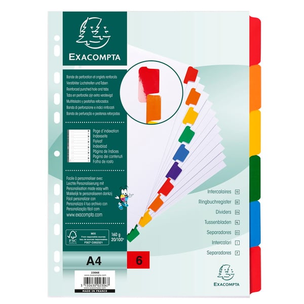 Exacompta 20x Dividers, A4, 160gsm, 6 dele - hvid 2306E