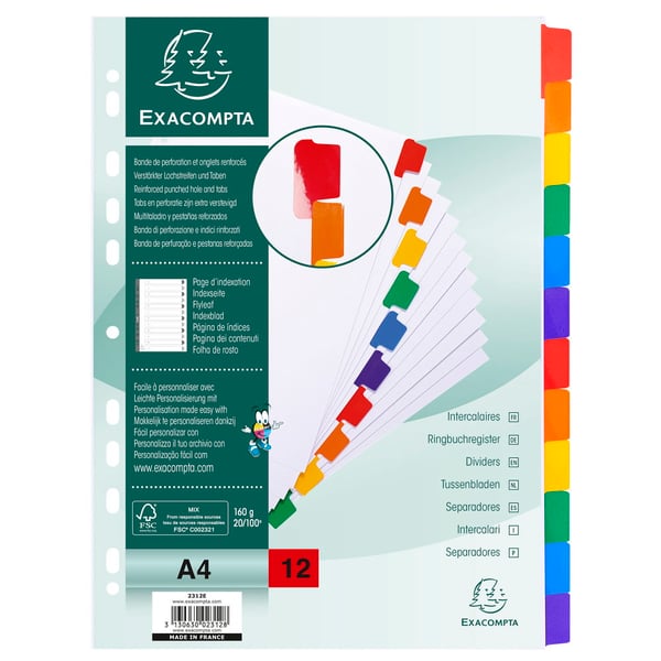 Exacompta 20x Dividers, A4, 160gsm, 12 dele - hvid 2312E