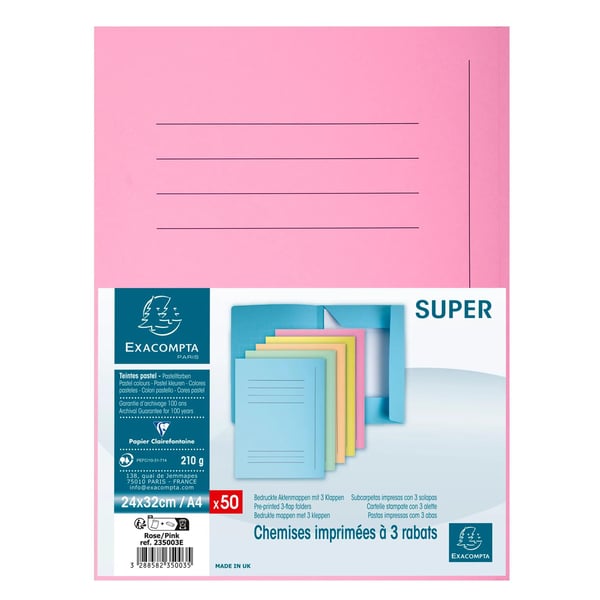 Exacompta Pakke med 50 trykte 3 flapmapper SUPER 210 - 24x32cm - Lyserød| 235003E