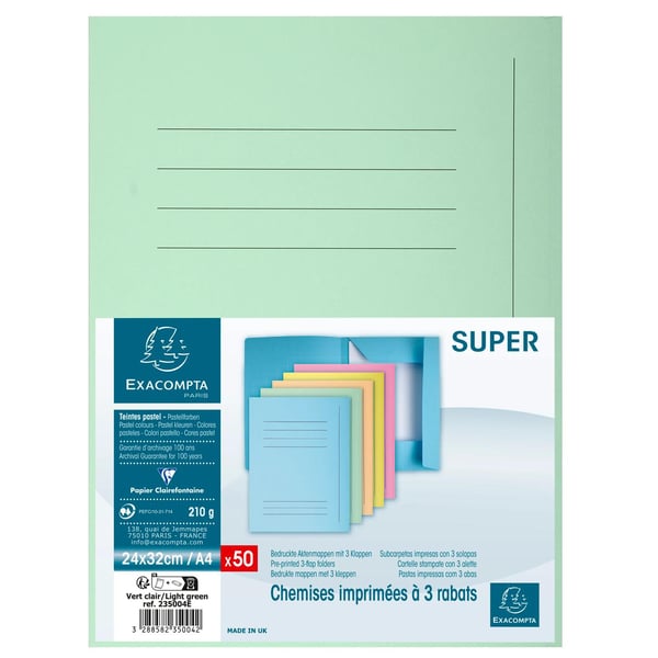 Exacompta Pakke med 50 trykte 3 flapmapper SUPER 210 - 24x32cm - Lysegrøn 235004E