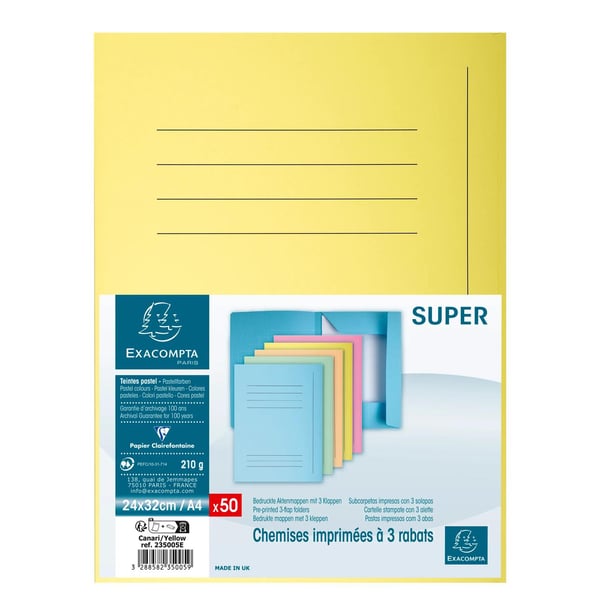 Exacompta Pakke med 50 trykte 3 flapmapper SUPER 210 - 24x32cm - Canary 235005E