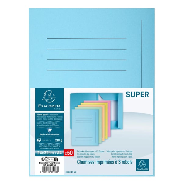 Exacompta Pakke med 50 trykte 3 flapmapper SUPER 210 - 24x32cm - Lyseblå 235006E