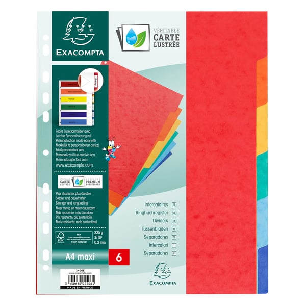 Exacompta 50x Skilleblade, A4 maxi, 225gsm, 6 dele - assorterede farver 2406E