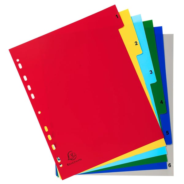 Exacompta 20x PP trykte indekser, A4 Maxi, 6 del 1 til 6 - assorteret lyse 2506E
