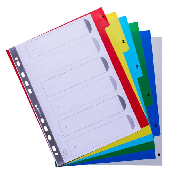 Exacompta 20x PP trykte indekser, A4 Maxi, 6 del 1 til 6 - assorteret lyse 2506E
