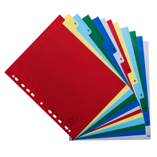 Exacompta 20x PP trykte indekser, A4 Maxi, 12 del 1 til 12 - assorteret lyse 2512E