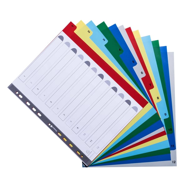 Exacompta 20x PP trykte indekser, A4 Maxi, 12 del 1 til 12 - assorteret lyse 2512E
