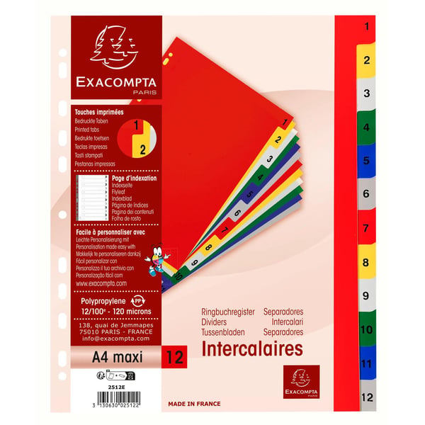 Exacompta 20x PP trykte indekser, A4 Maxi, 12 del 1 til 12 - assorteret lyse 2512E