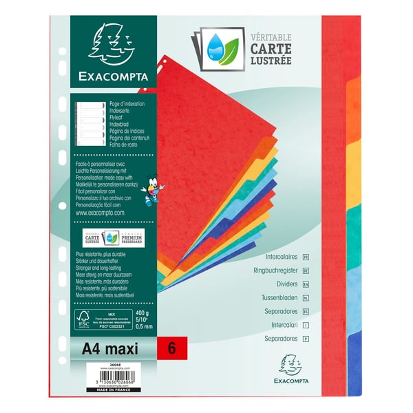 Exacompta 25x Skillevaegge, A4 Maxi, 400gsm, 6 dele - assorterede farver 2606E
