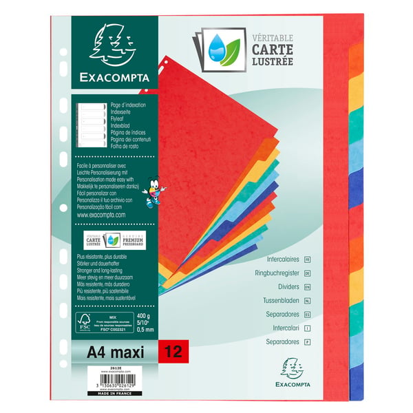 Exacompta 15x Skillevaegge, A4 Maxi, 400gsm, 12 dele - assorterede farver 2612E