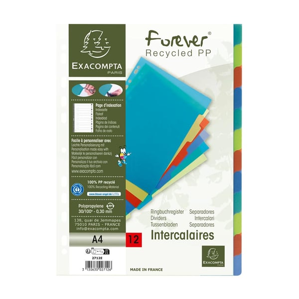 Exacompta 15x Forever Recycled Recycled Dividers, PP, A4, 12 dele - assorterede farver 2712E