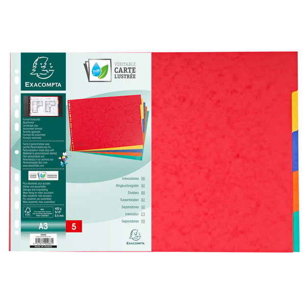 Exacompta 20x Dividers Premium Pressboard, A3, 400gsm, 5 dele - assorterede farver 2905E