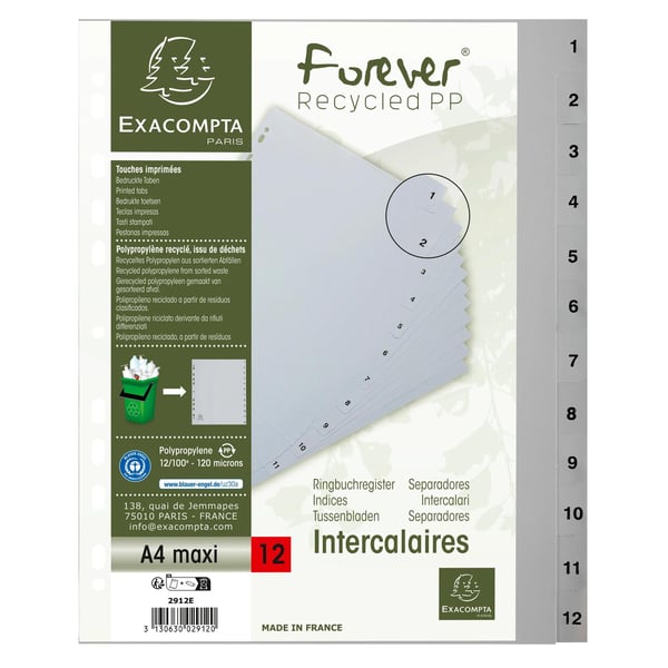 Exacompta 10x PP trykte indekser, A4 Maxi, 12 del 1 til 12 - Grå 2912E