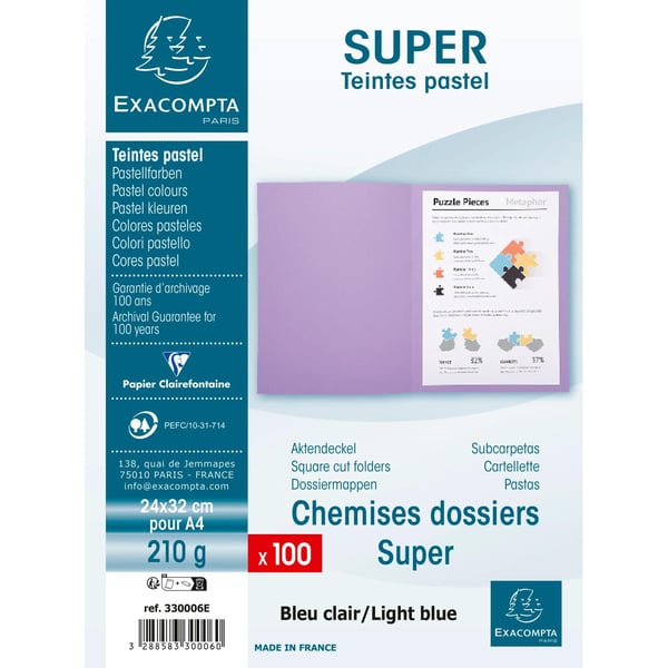 Exacompta 5x Pakke med 100 mapper SUPER 210 - 24x32cm - Lyseblå 330006E