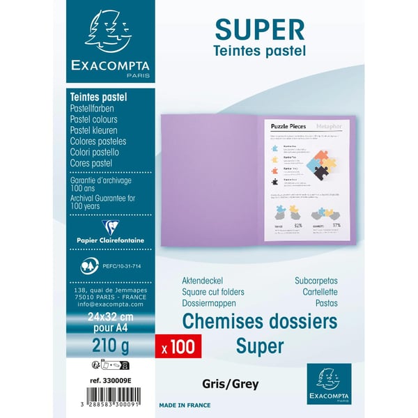 Exacompta 5x Pakke med 100 mapper SUPER 210 - 24x32cm - Grå 330009E